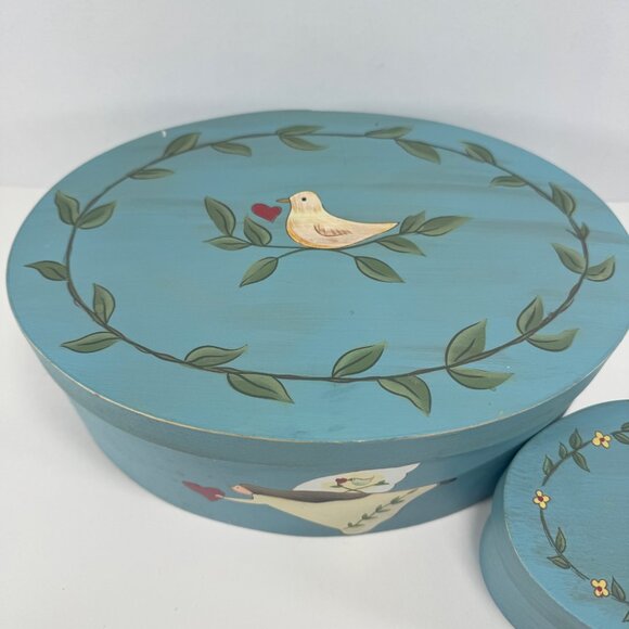 Russ Hand Painted Wood Cheese Box Trinket Storage Blue Folk Art Cottagecore - Picture 2 of 12